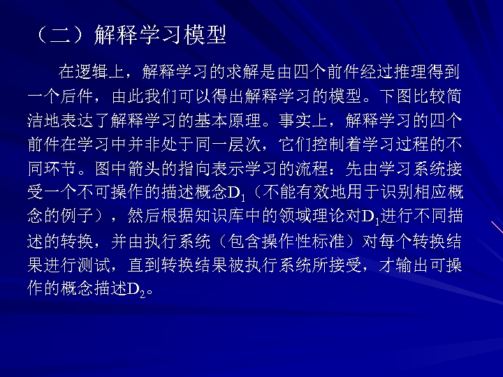 （二）解释学习模型 在逻辑上，解释学习的求解是由四个前件经过推理得到 一个后件，由此我们可以得出解释学习的模型。下图比较简 洁地表达了解释学习的基本原理。事实上，解释学习的四个 前件在学习中并非处于同一层次，它们控制着学习过程的不 同环节。图中箭头的指向表示学习的流程：先由学习系统接 受一个不可操作的描述概念D 1（不能有效地用于识别相应概 念的例子），然后根据知识库中的领域理论对D 1进行不同描 述的转换，并由执行系统（包含操作性标准）对每个转换结 果进行测试，直到转换结果被执行系统所接受，才输出可操 作的概念描述D 2。