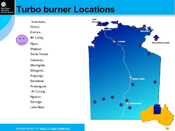 Turbo burner Locations Yuendumu, TIWI ISLANDS Ntaria Kintore , Mt Leibig Nguiu, GROOTE EYLANDT
