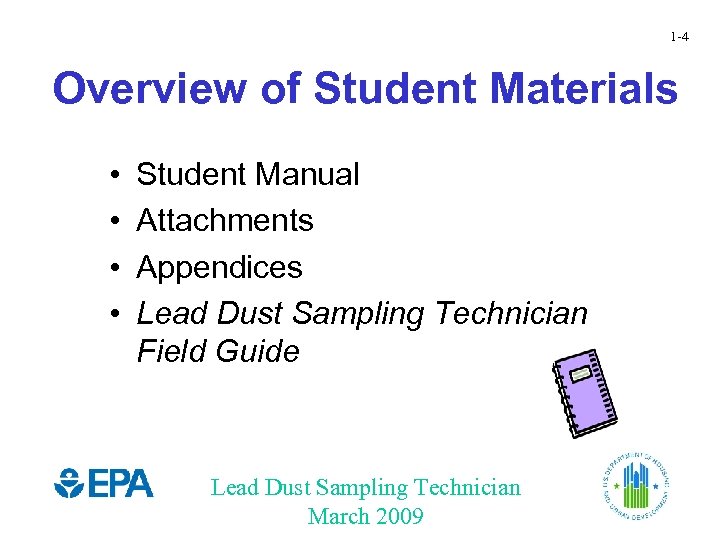 1 -4 Overview of Student Materials • • Student Manual Attachments Appendices Lead Dust