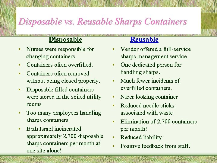 Disposable vs. Reusable Sharps Containers Disposable • Nurses were responsible for changing containers •