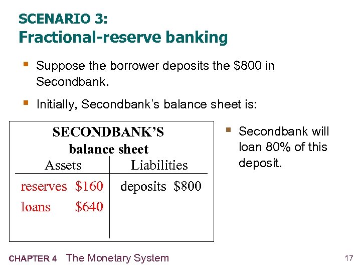 SCENARIO 3: Fractional-reserve banking § Suppose the borrower deposits the $800 in Secondbank. §