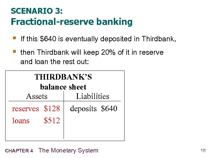 SCENARIO 3: Fractional-reserve banking § If this $640 is eventually deposited in Thirdbank, §