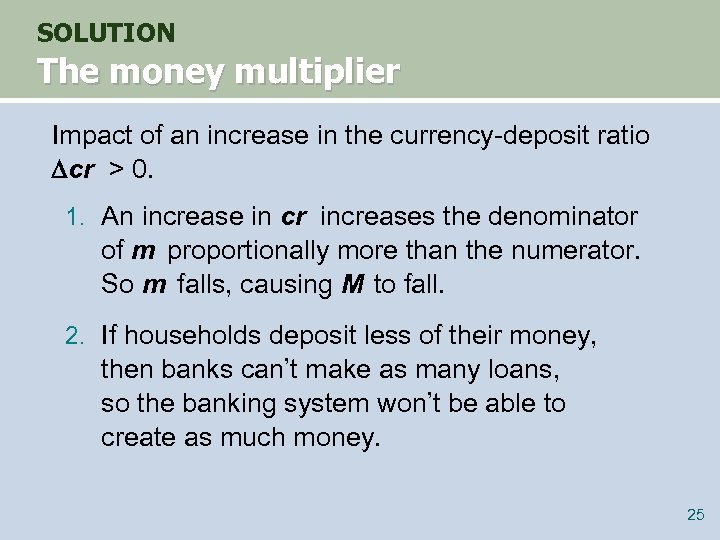 SOLUTION The money multiplier Impact of an increase in the currency-deposit ratio cr >