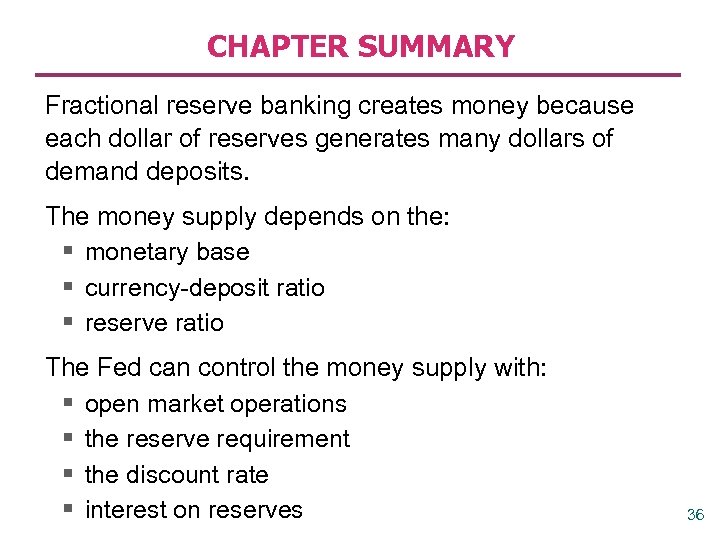 CHAPTER SUMMARY Fractional reserve banking creates money because each dollar of reserves generates many