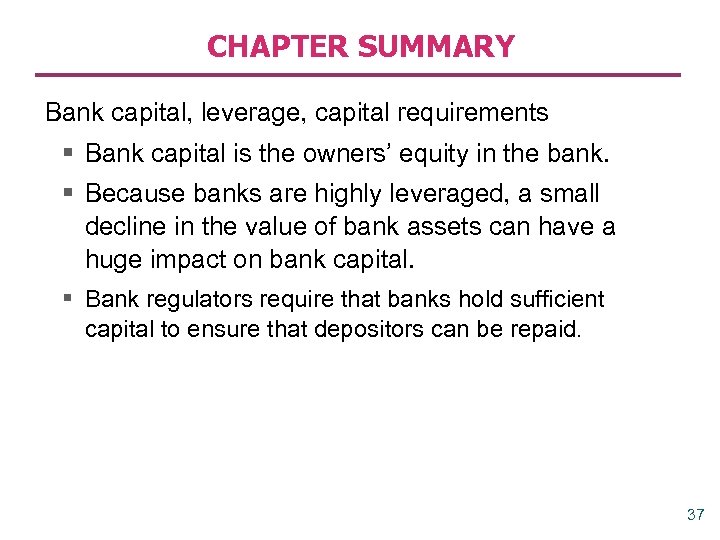CHAPTER SUMMARY Bank capital, leverage, capital requirements § Bank capital is the owners’ equity