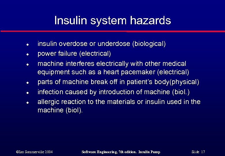 Insulin system hazards l l l insulin overdose or underdose (biological) power failure (electrical)