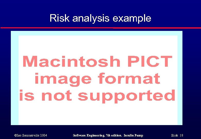 Risk analysis example ©Ian Sommerville 2004 Software Engineering, 7 th edition. Insulin Pump Slide