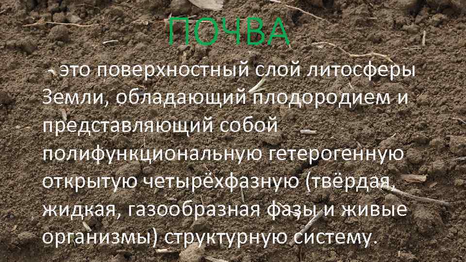 ПОЧВА - это поверхностный слой литосферы Земли, обладающий плодородием и представляющий собой полифункциональную гетерогенную