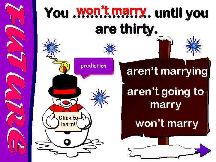 won’t marry You ……………… until you are thirty. prediction aren’t marrying aren’t going to