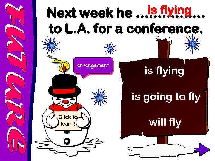 is flying Next week he …………. … to L. A. for a conference. arrangement