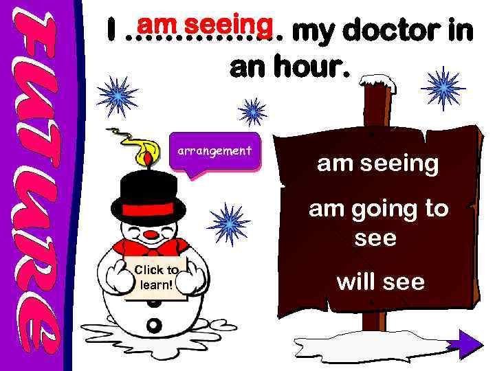 am seeing I …………. … my doctor in an hour. arrangement am seeing am