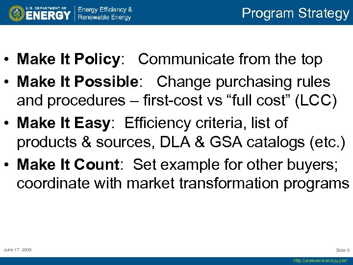 Program Strategy • Make It Policy: Communicate from the top • Make It Possible: