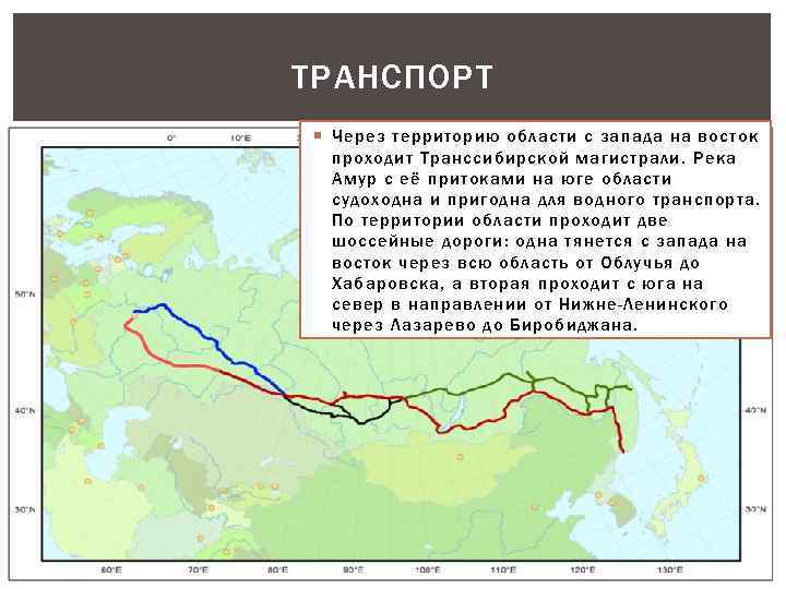 ТРАНСПОРТ Через территорию области с запада на восток проходит Транссибирской магистрали. Река Амур с