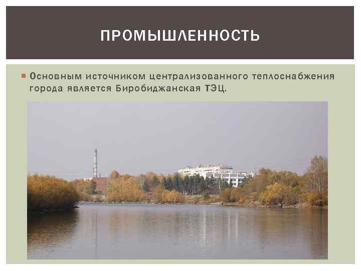 ПРОМЫШЛЕННОСТЬ Основным источником централизованного теплоснабжения города является Биробиджанская ТЭЦ. 