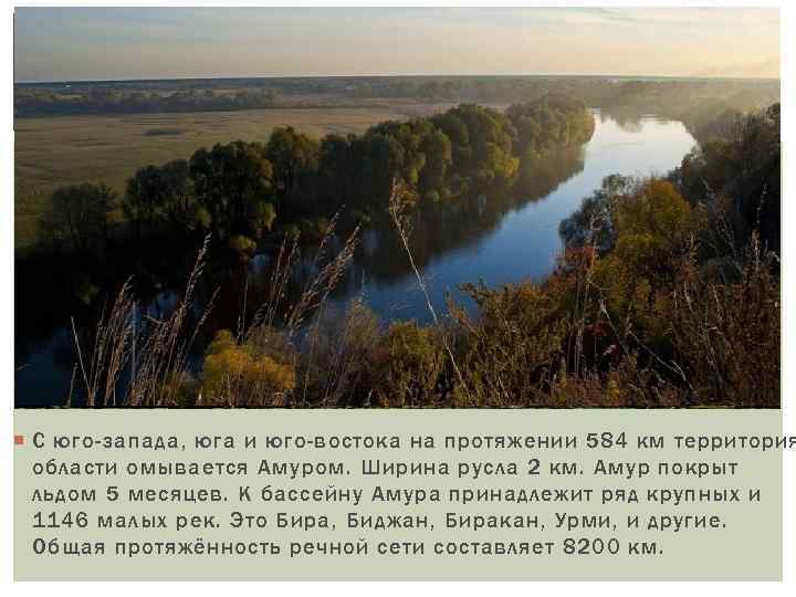  С юго-запада, юга и юго-востока на протяжении 584 км территория области омывается Амуром.