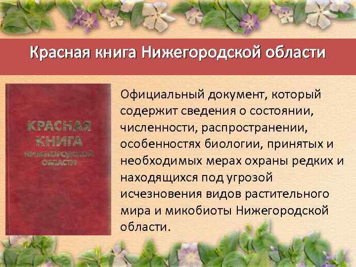 Красная книга Нижегородской области Официальный документ, который содержит сведения о состоянии, численности, распространении, особенностях