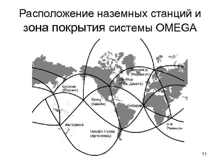 Расположение наземных станций и зона покрытия системы OMEGA 11 