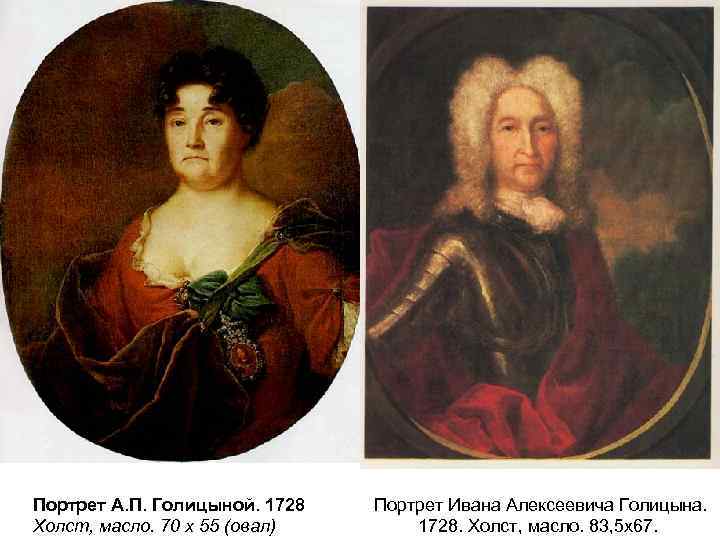 Портрет А. П. Голицыной. 1728 Холст, масло. 70 х 55 (овал) Портрет Ивана Алексеевича