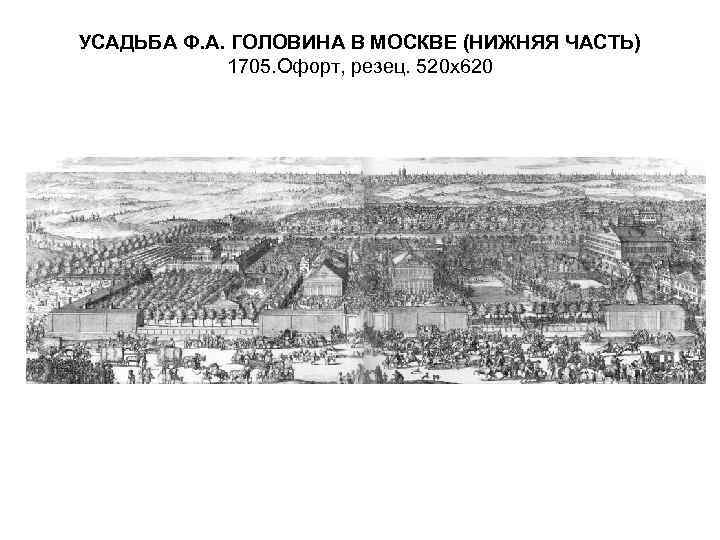 УСАДЬБА Ф. А. ГОЛОВИНА В МОСКВЕ (НИЖНЯЯ ЧАСТЬ) 1705. Офорт, резец. 520 х620 
