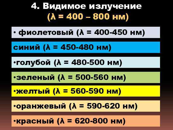 4. Видимое излучение (λ = 400 – 800 нм) • фиолетовый (λ = 400