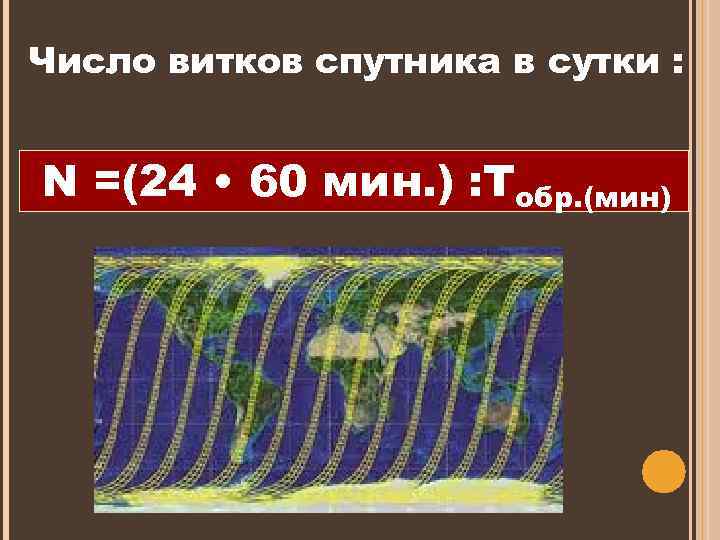 Число витков спутника в сутки : N =(24 • 60 мин. ) : Тобр.