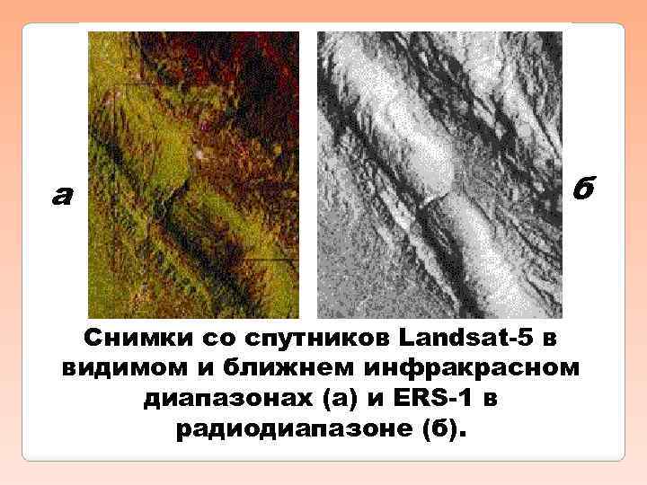 а б Снимки со спутников Landsat-5 в видимом и ближнем инфракрасном диапазонах (а) и