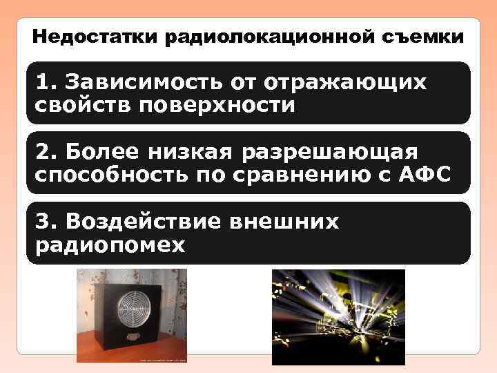 Недостатки радиолокационной съемки 1. Зависимость от отражающих свойств поверхности 2. Более низкая разрешающая способность