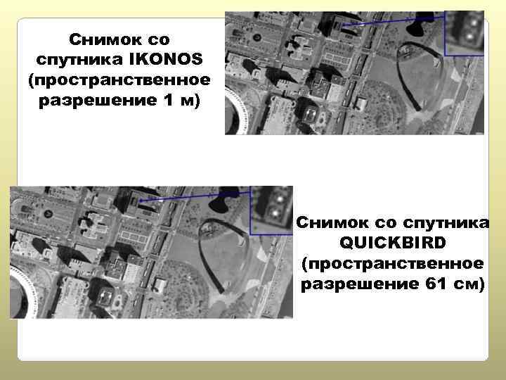 Снимок со спутника IKONOS (пространственное разрешение 1 м) Снимок со спутника QUICKBIRD (пространственное разрешение