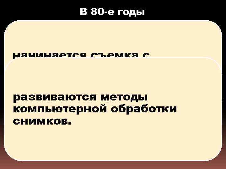 В 80 -е годы начинается съемка с высокоорбитальных спутников, развиваются методы компьютерной обработки снимков.