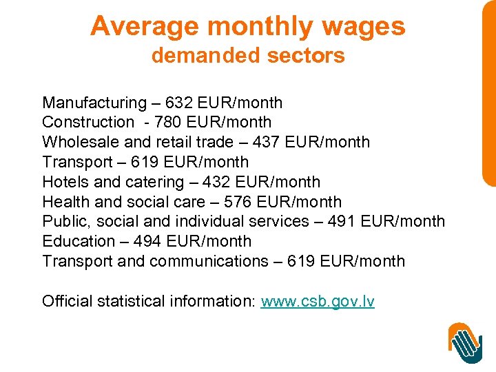 Average monthly wages demanded sectors Manufacturing – 632 EUR/month Construction - 780 EUR/month Wholesale