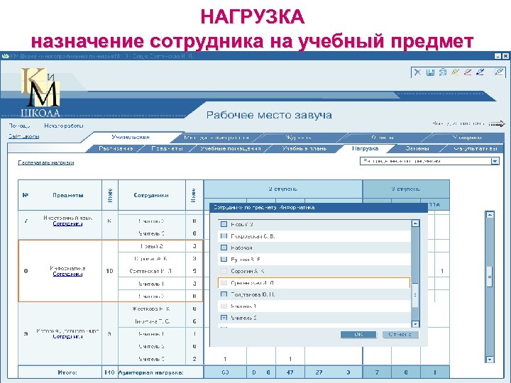 НАГРУЗКА назначение сотрудника на учебный предмет 