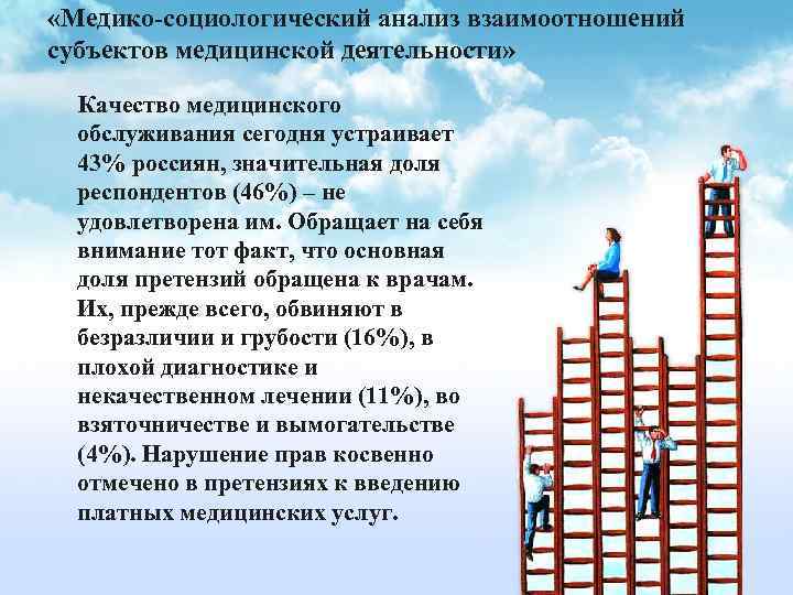  «Медико социологический анализ взаимоотношений субъектов медицинской деятельности» Качество медицинского обслуживания сегодня устраивает 43%