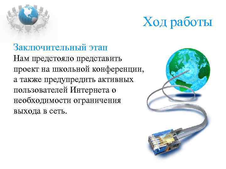 Ход работы Заключительный этап Нам предстояло представить проект на школьной конференции, а также предупредить