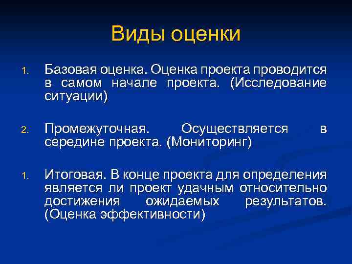 Виды оценки 1. Базовая оценка. Оценка проекта проводится в самом начале проекта. (Исследование ситуации)