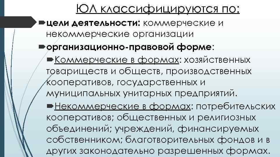 ЮЛ классифицируются по: цели деятельности: коммерческие и некоммерческие организации организационно-правовой форме: Коммерческие в формах: