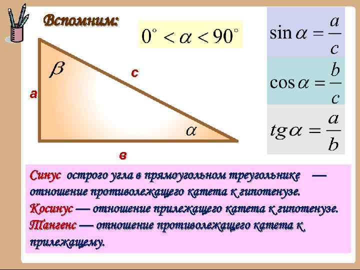Вспомним: с а в Синус острого угла в прямоугольном треугольнике — отношение противолежащего катета