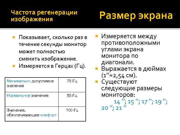 Частота регенерации изображения Показывает, сколько раз в течение секунды монитор может полностью сменить изображение.