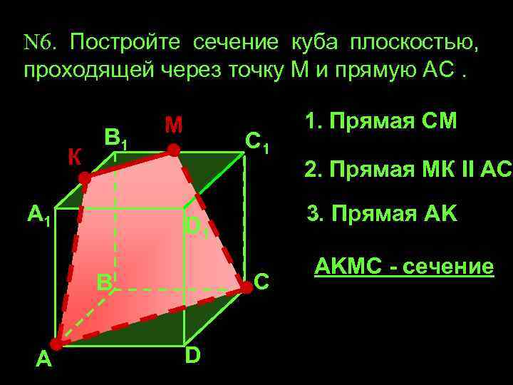 N 6. Постройте сечение куба плоскостью, проходящей через точку М и прямую АС. К