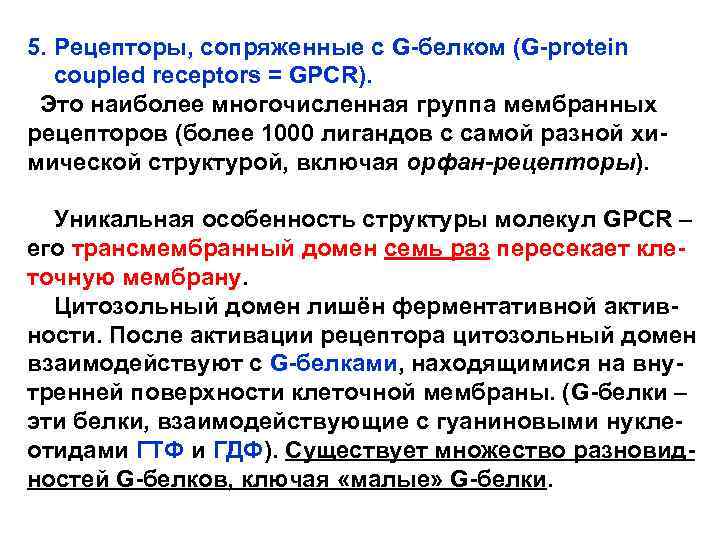 5. Рецепторы, сопряженные с G-белком (G-protein coupled receptors = GPCR). Это наиболее многочисленная группа