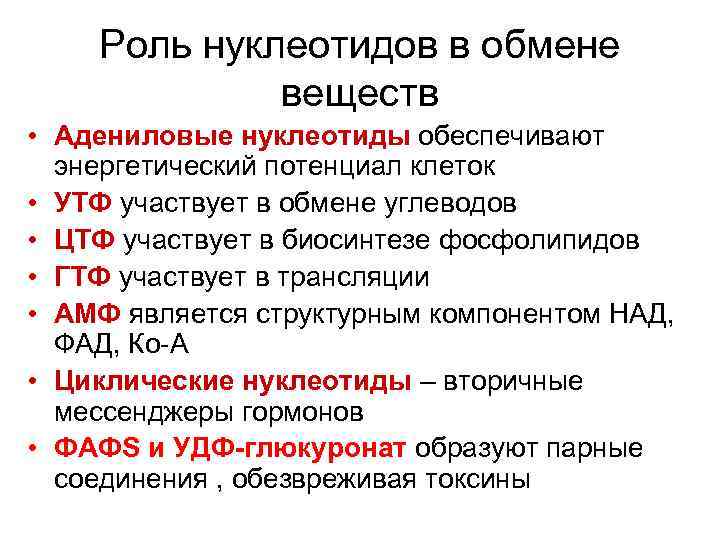 Роль нуклеотидов в обмене веществ • Адениловые нуклеотиды обеспечивают энергетический потенциал клеток • УТФ