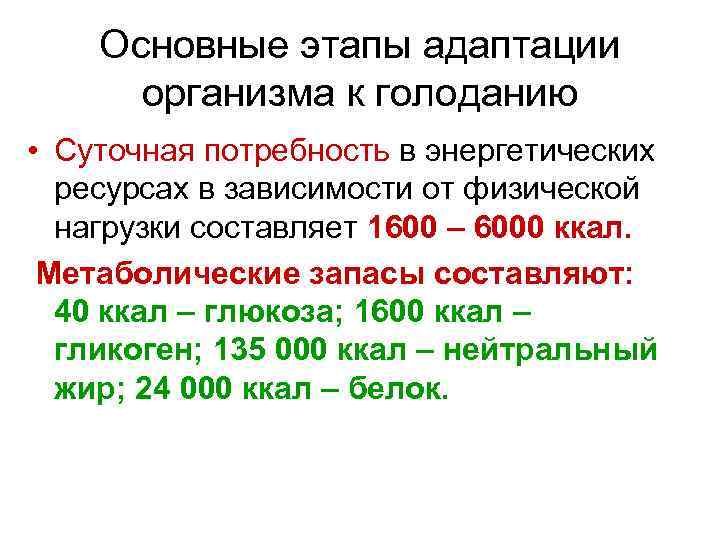 Основные этапы адаптации организма к голоданию • Суточная потребность в энергетических ресурсах в зависимости
