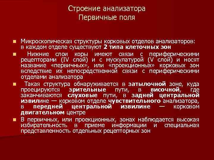 Строение анализатора Первичные поля Микроскопическая структуры корковых отделов анализаторов: в каждом отделе существуют 2