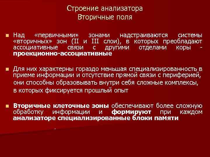 Строение анализатора Вторичные поля n Над «первичными» зонами надстраиваются системы «вторичных» зон (II и