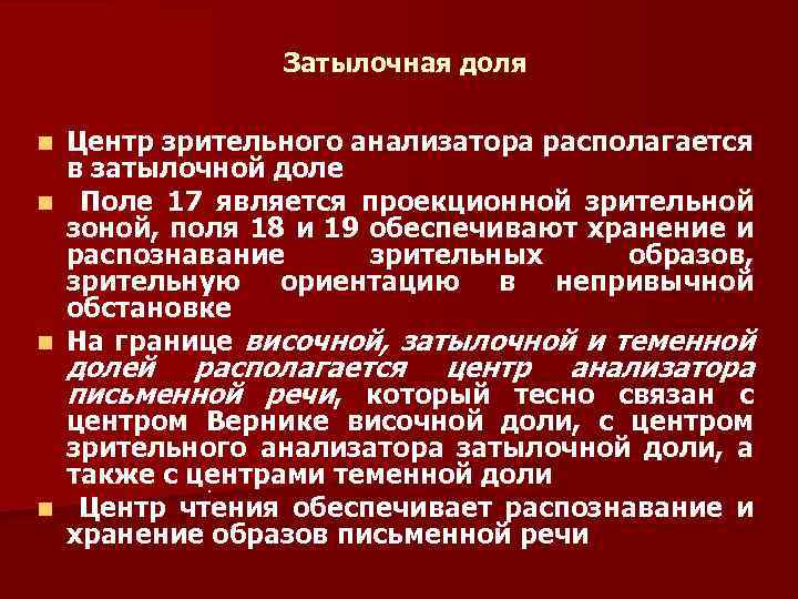 Затылочная доля Центр зрительного анализатора располагается в затылочной доле n Поле 17 является проекционной