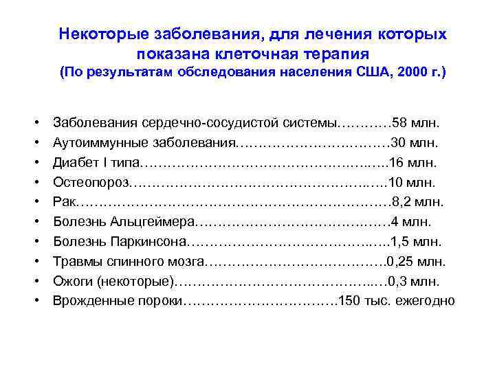 Некоторые заболевания, для лечения которых показана клеточная терапия (По результатам обследования населения США, 2000