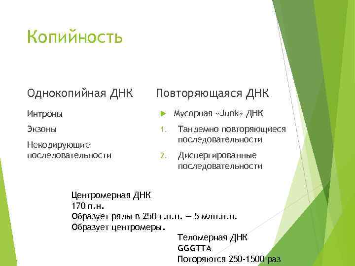 Копийность Однокопийная ДНК Повторяющаяся ДНК Мусорная «Junk» ДНК Интроны Экзоны 1. Некодирующие последовательности Тандемно