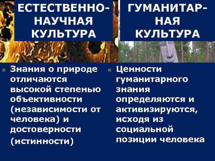 ЕСТЕСТВЕННО НАУЧНАЯ КУЛЬТУРА n ГУМАНИТАР НАЯ КУЛЬТУРА Знания о природе n отличаются высокой степенью