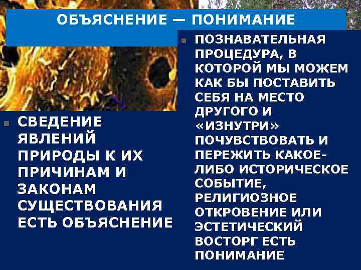  n ОБЪЯСНЕНИЕ — ПОНИМАНИЕ n СВЕДЕНИЕ ЯВЛЕНИЙ ПРИРОДЫ К ИХ ПРИЧИНАМ И ЗАКОНАМ