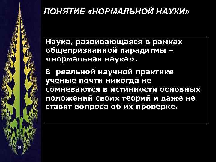 ПОНЯТИЕ «НОРМАЛЬНОЙ НАУКИ» Наука, развивающаяся в рамках общепризнанной парадигмы – «нормальная наука» . В