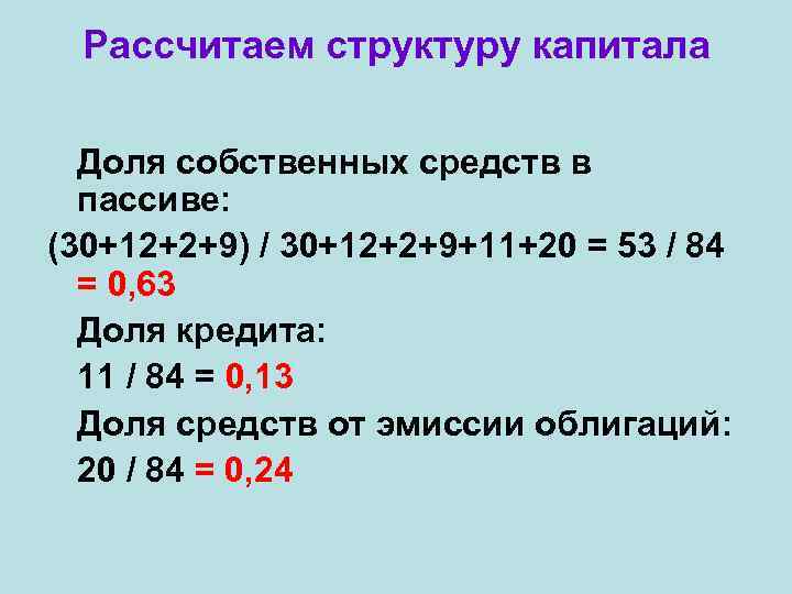 Рассчитаем структуру капитала Доля собственных средств в пассиве: (30+12+2+9) / 30+12+2+9+11+20 = 53 /